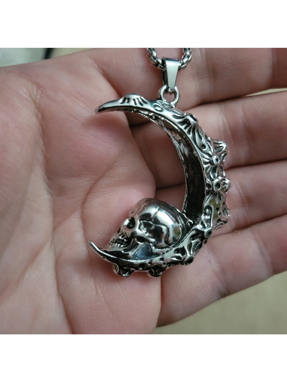 Men's gothic crater moon and skull 3D necklace, stainless steel chain